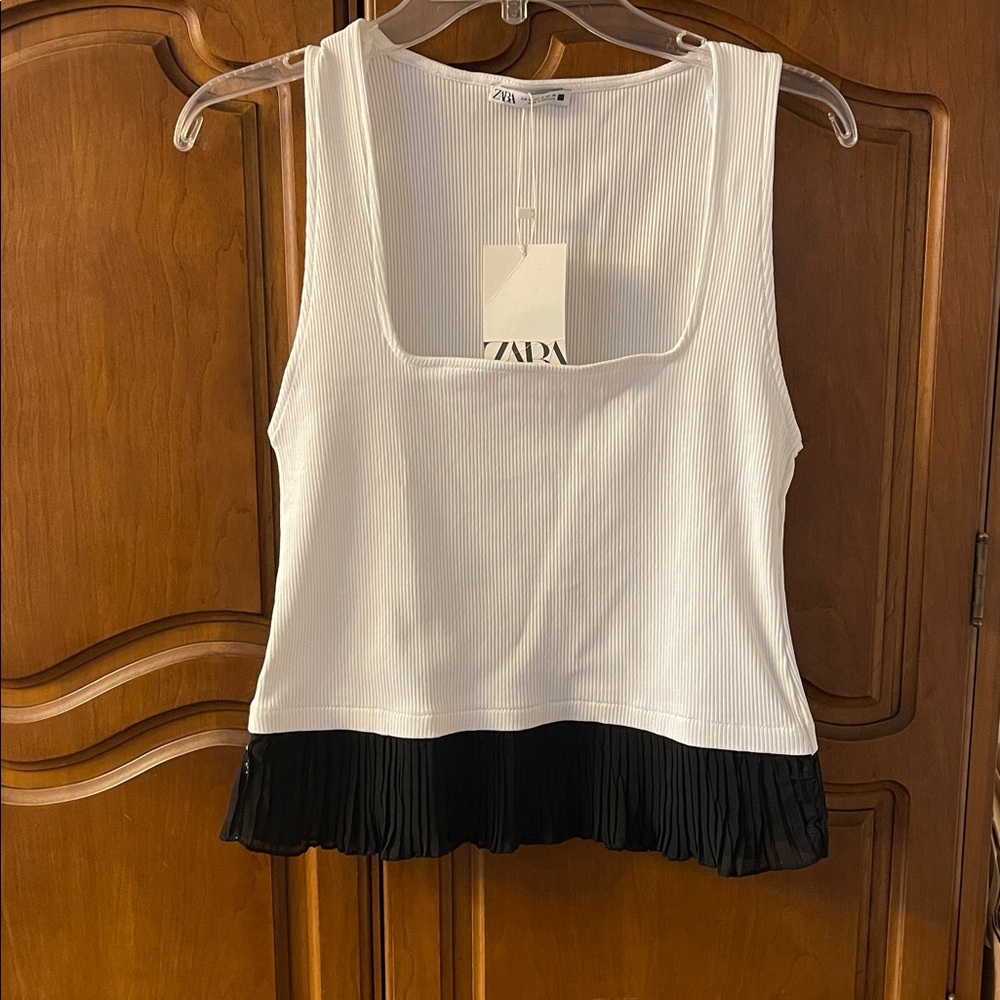 Zara White Tank Top with Black Hem